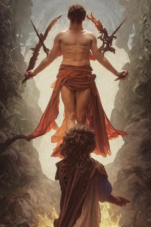 Image similar to Diego Boneta, druid, cleric, flame spell, burning hands, bicpes, muscular, D&D, fantasy, intricate, cinematic lighting, highly detailed, beautiful, digital painting, artstation, masterpiece, concept art, smooth, sharp focus, illustration, art by Artgerm and Greg Rutkowski and Alphonse Mucha and william-Adolphe Bouguereau