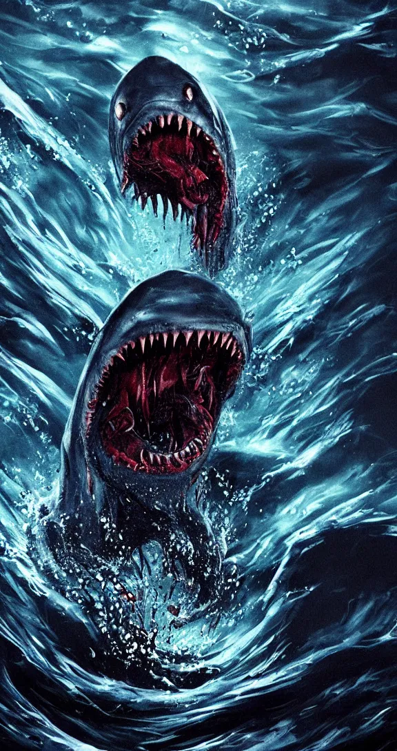 Image similar to dark dark blue ocean background, deep underwater, blood in the water, very terrifying demonic xenomorph giant octopus cenobite tearing a great white shark apart, splattered with blood, full body portrait showing entire scary monster, neo-expressionistic, maximalist, horror monster masterpiece, trending on DeviantArt, 4K resolution, dark cinematic, hyperrealism, octane render, volumetric lighting, ultra-detailed, chiaroscuro, in the style of Giger and Ralph Steadman and Da Vinci,