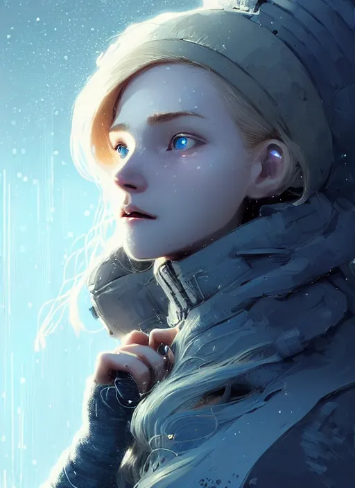 Image similar to highly detailed portrait of a hopeful frostpunk long blonde hair lady with robotic limbs, stray wiring by atey ghailan, james gilleard, by joe fenton, by greg rutkowski, by greg tocchini, by kaethe butcher, 4 k resolution, gradient blue, black and white color scheme!!! ( ( glacier cave background ) )