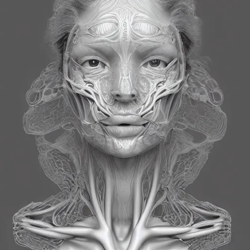 Prompt: beatifull frontal face portrait of a woman, 150 mm, anatomical, flesh, flowers, mandelbrot fractal, facial muscles, veins, arteries, symmetric, intricate, microscopic, elegant, highly detailed, ornate, ornament, sculpture, elegant , luxury, beautifully lit, ray trace, octane render in the style of peter Gric and alex grey