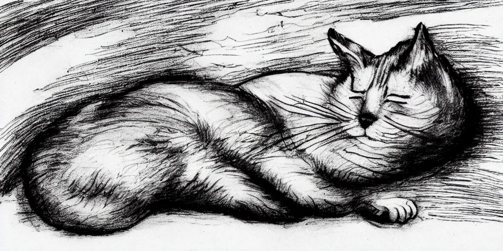 Image similar to ink lineart drawing of a sleeping cat, white background, etchings by goya, chinese brush pen illustration, high contrast, deep black tones, contour