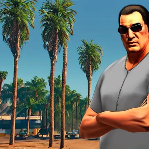 Image similar to Steven Seagal in GTA V . Los Santos in background, palm trees. in the art style of Stephen Bliss