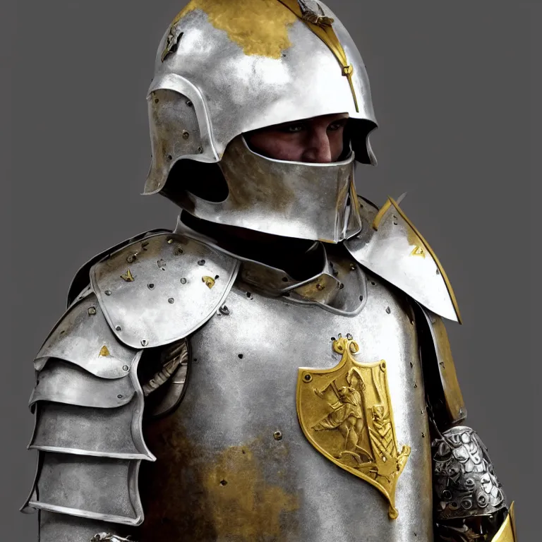 Image similar to elite member of a medieval army wearing silver armour and golden helmet at war, heroic, fighting a war, dust, blood, sword, realistic, hyper realistic, trending on artstation, defeat