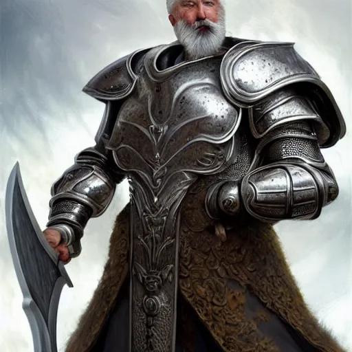 Image similar to a masterpiece ultrarealistic ultradetailed portrait of full armored magic knight strong bearded white haired man with giant axe baroque renaissance. wide angle, intricate, elegant, by stanley artgerm lau, wlop, rossdraws, james jean, andrei riabovitchev, marc simonetti, background by james jean, light by julie bell, porcelain skin. global illumination. vfx