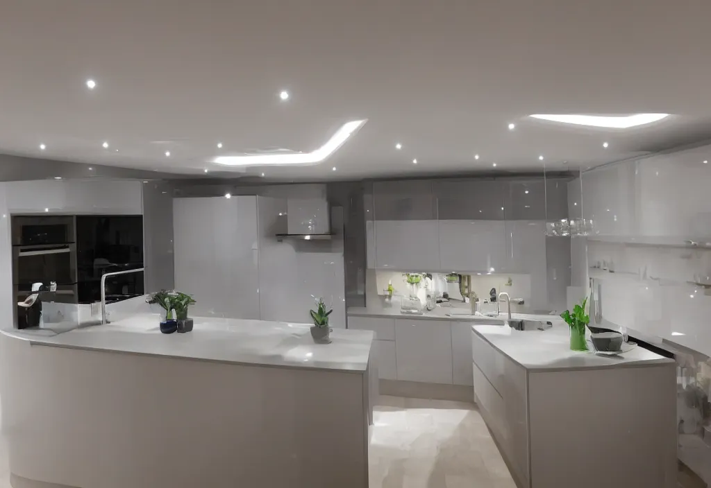 Image similar to modern kitchen with led strip lighting, homes and gardens, super detailed render, award winning,