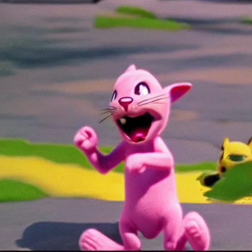 Prompt: Pink panther fighting pikachu