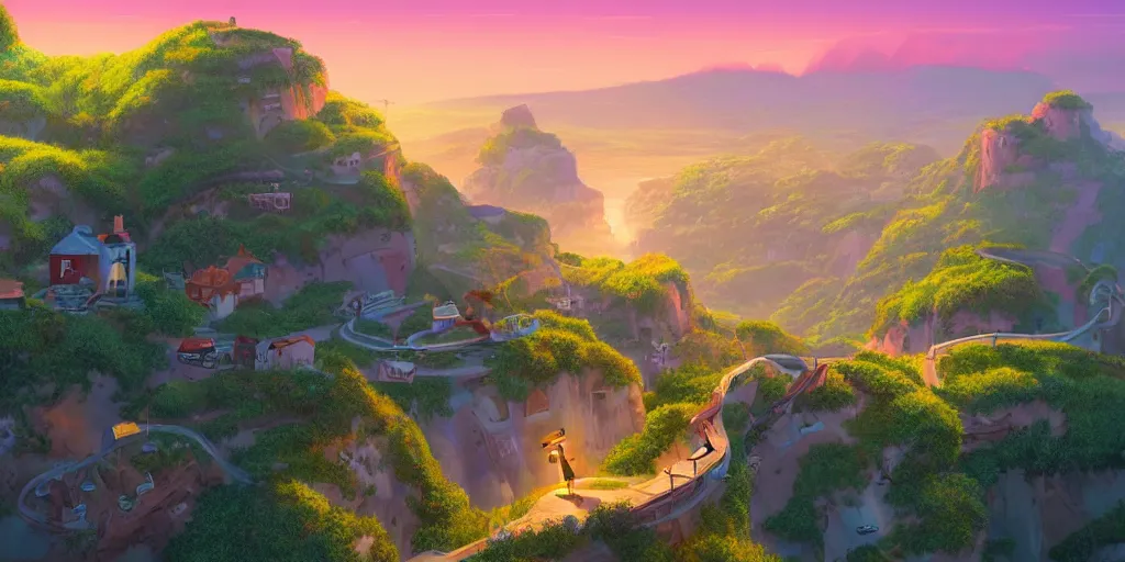 Image similar to epic professional digital art of a lonely street on a cliff over the sea at sunset, highly detailed, pixar movie, in the style of toy story, trending at artstation