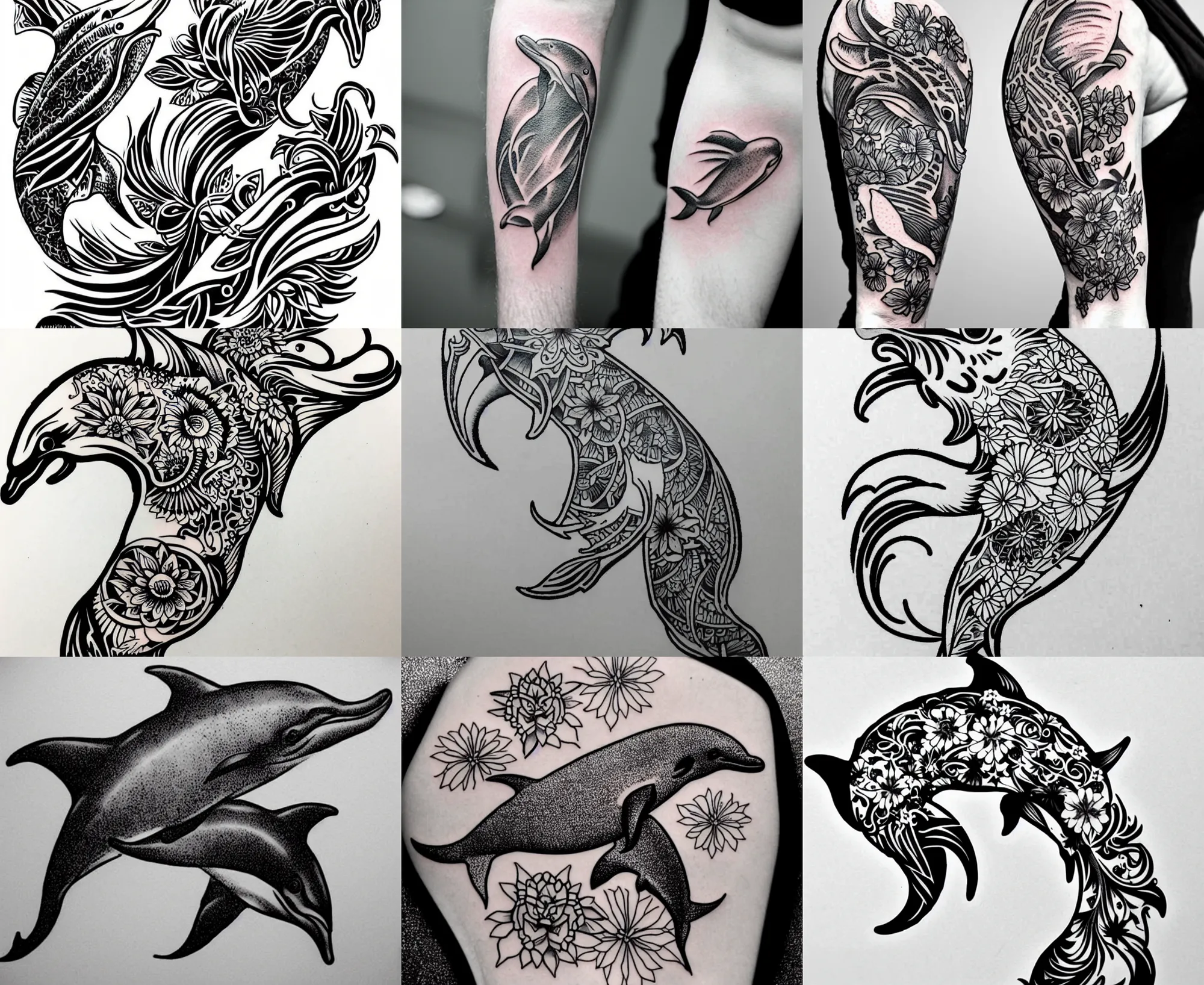 detailed amazing tattoo stencil of a floral dolphin, Stable Diffusion