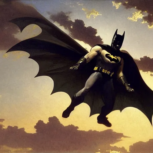 Prompt: Painting of Batman. Art by William Adolphe Bouguereau. During golden hour. Extremely detailed. Beautiful. 4K. Award-winning.