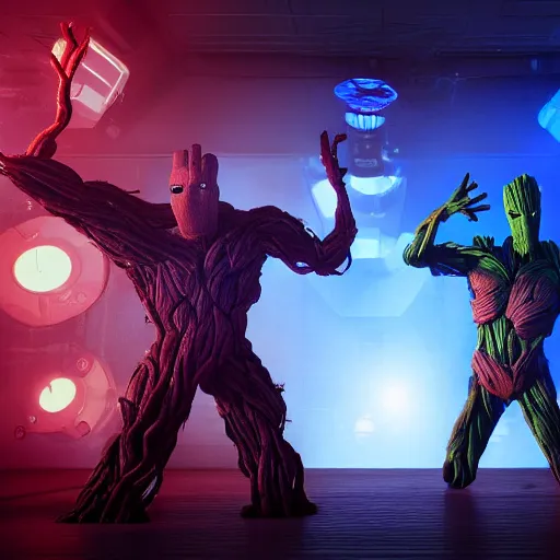 Image similar to groot and optimus prime dancing at techno party among people, wide shoot, octane render, ultra realistic