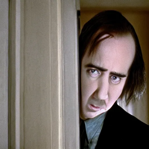 Image similar to film still of the shining with nicolas cage as danny torrance