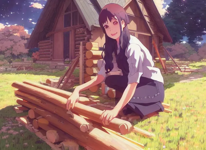 Image similar to portrait of a woman building a log cabin, illustration concept art anime key visual, trending pixiv fanbox by wlop and greg rutkowski and makoto shinkai and studio ghibli and kyoto animation