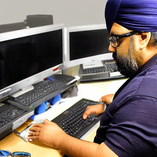 Image similar to fat Inderjit Gill sitting at a computer looking lost, photograph, high quality