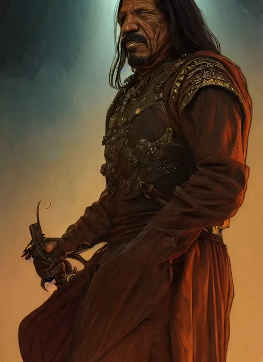 Image similar to Portrait of Danny Trejo, cloak, male, fantasy, extremely detailed, digital painting, artstation, concept art, smooth, sharp focus, illustration, stunning lighting, art by artgerm and greg rutkowski and alphonse mucha and simon stalenhag, realistic character concept, high fantasy, dark atmosphere, golden ratio, cinematic lighting, hyperdetailed, high resolution, insanely detailed and intricate, artstation, Marc Simonetti, Greg Rutkowski, 8k