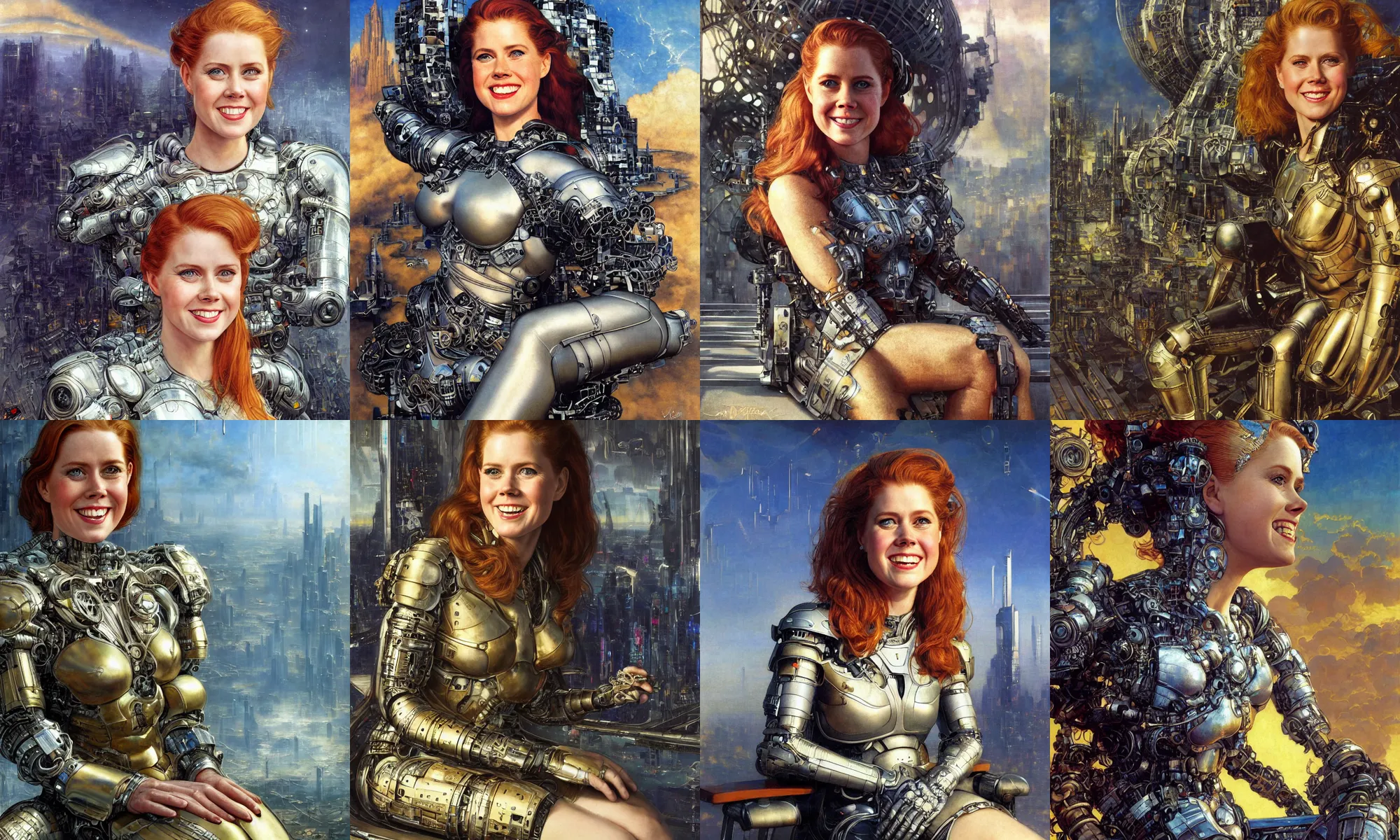 Image similar to close - up portrait of epic young amy adams smiling into camera, intricate cyborg armor, sitting on a bench, vista of futuristic city, windy, golden hour, wlop, by gerald brom, by mikhail vrubel, by peter elson, extreme detail, trending on artstation