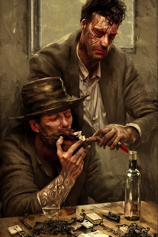 Prompt: dirty faced and very tired man looking pile smoking a winebottle, drugs, cigarrette boxes at the table, fantasy, intricate, elegant, highly detailed, digital painting, artstation, concept art, addiction, chains, smooth, sharp focus, illustration, art by Ilja Repin