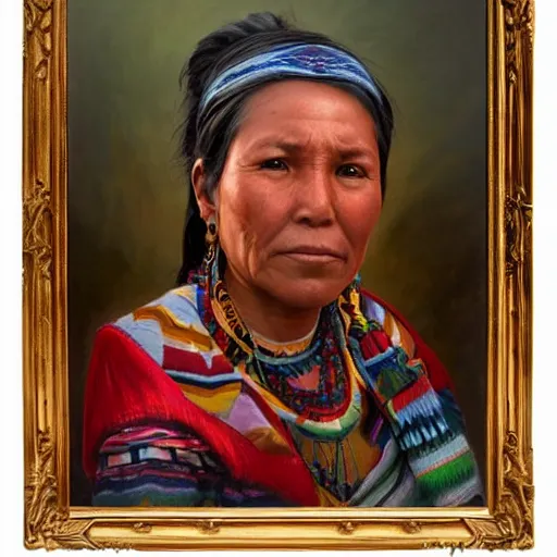 Image similar to portrait of a bolivian woman ( 3 5 ) from bolivia in 2 0 2 1, an oil painting by ross tran and thomas kincade