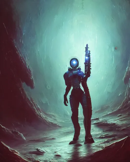 Prompt: oil painting of lovecraftian sci-fi demon, wearing space suit, sharp focus, holding sci-fi rifle, magical aura, heroic pose, fantasy style, octane render, volumetric lighting, 8k high definition, by greg rutkowski, highly detailed, trending on art Station, magic the gathering artwork, Spaceship hallway backround, centered