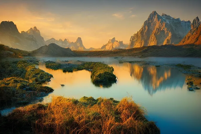 Image similar to Gediminas Pranckevicius amazing landscape photo of mountains with lake in sunset by marc adamus beautiful dramatic lighting,