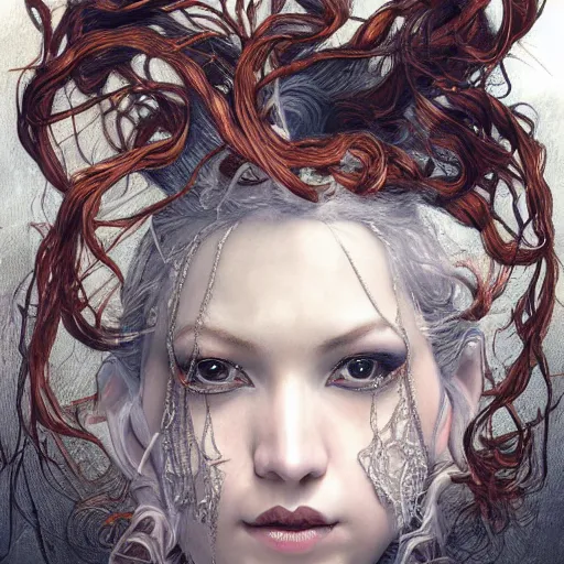 Image similar to portrait of a Shibari rope wrapped face and neck, headshot, insanely nice professional hair style, dramatic hair color, digital painting, of a old 13th century, traveler, amber jewels, baroque, ornate clothing, scifi, realistic, hyperdetailed, chiaroscuro, concept art, art by Franz Hals and Jon Foster and Ayami Kojima and Amano and Karol Bak,