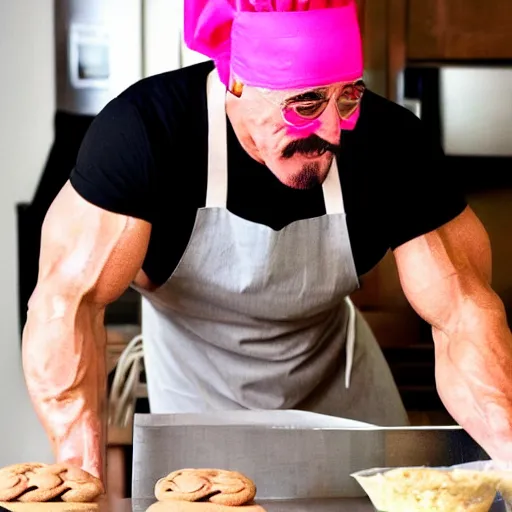 Image similar to Hulk Hogan baking cookies with a pink apron