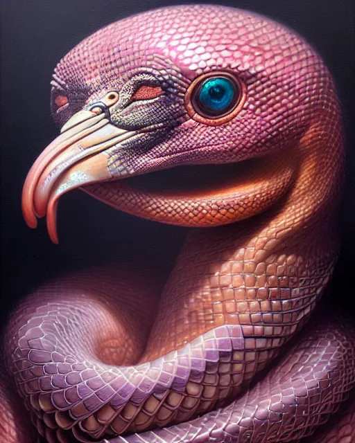 Prompt: a detailed portrait of dreampunk flamingo python hybrid mix by tomasz alen kopera and peter mohrbacher