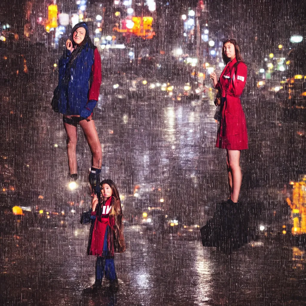 Image similar to night flash portrait photography of a high school girl in uniform on the lower east side by annie leibovitz, colorful, nighttime!, raining!