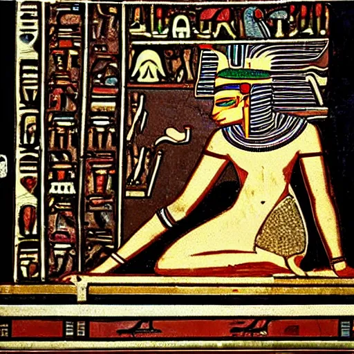 Prompt: ancient egyptian art of anubis working on a computer