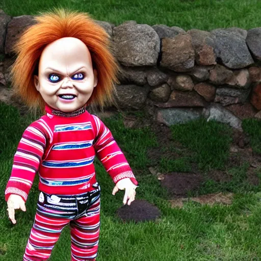 Image similar to Chucky the killer doll standing out in the yard