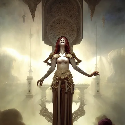 Prompt: the priestess of blasphemous god, studio light, photoreal, by jaime jones, tom bagshaw, lawrence alma - tadema, greg rutkowski, deviantart contest winner, fantasy art, daz 3 d, intricate, elegant, highly detailed, 8 k, digital painting, concept art, sharp focus, illustration, golden ratio, cosmic horror