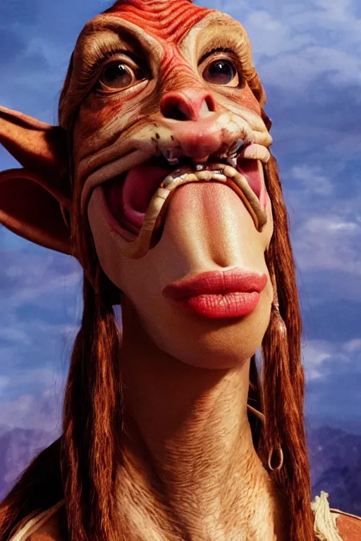 Image similar to film still of jar jar binks as a female cowgirl, long eyeslashes, big juicy lips, big seductive eyes, dramatic cinematic lighting, dolce & gabbana campaign, shot by mario testino, realistic vfx simulation, 4 k