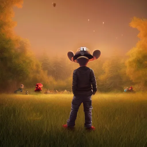 Image similar to miniature deadmau5 kids standing back to back, twilight zone background, illustration, artgerm, octane render, inspired by Greg rutkowski, colorful, studio lighting, full body,