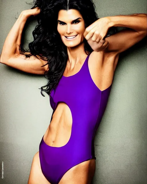 Prompt: photoshoot of the beautiful angie harmon as the sensational she hulk, she is wearing a purple one piece swimsuit, hyperreal, highly detailed, photos in the style of annie leibovitz, studio lighting, soft focus, bokeh