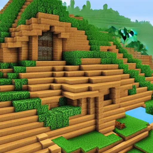 Prompt: a minecraft village, by frank lloyd wright