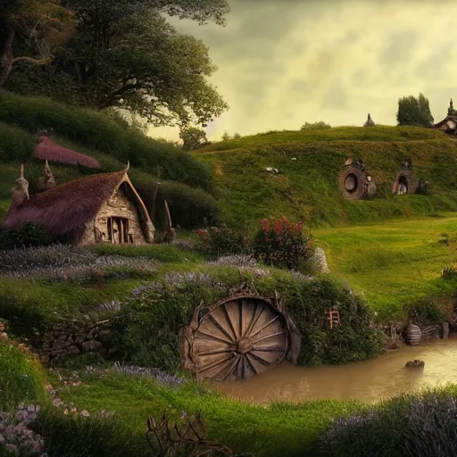 Prompt: A very detailed matte painting of Hobbiton near a river in the countryside, evening, Moebius, Artstation