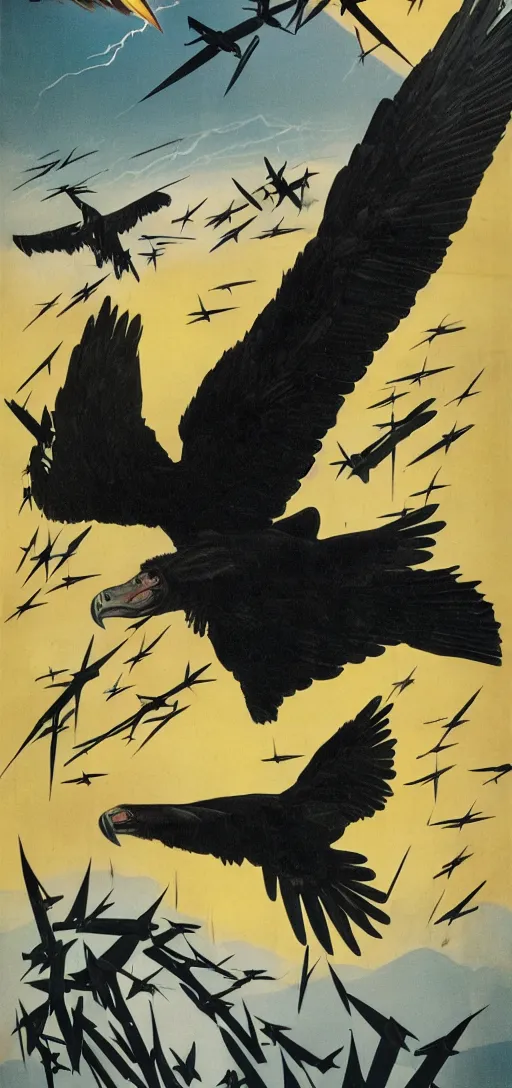 Image similar to balck Vulture with one lightning bolts in 1940s propaganda poster