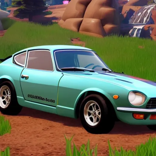 Image similar to a cartoon 1 9 7 0 datsun 2 4 0 z in fortnite, unreal engine