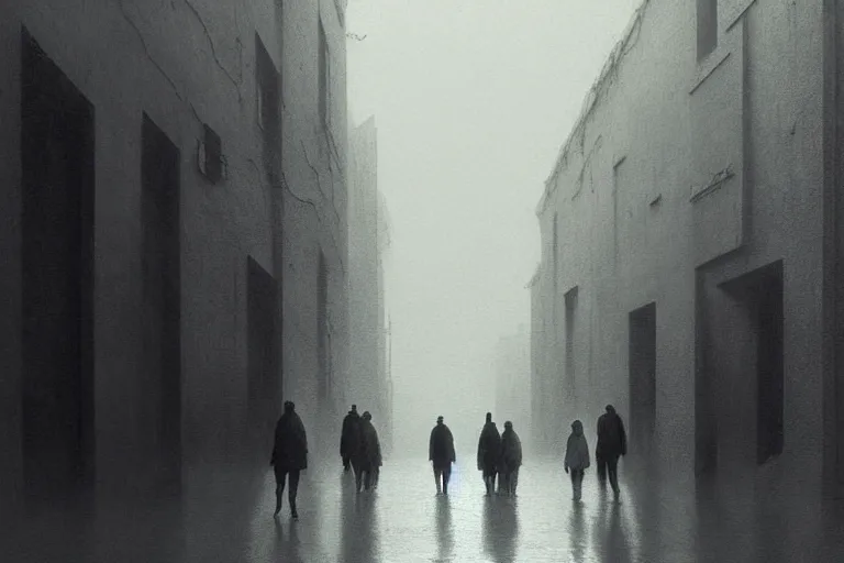 Image similar to people walking on city street, in the style of beksinski, solarpunk, atmospheric, clean, intricate and epic composition, gray by caravaggio, insanely quality, highly detailed, masterpiece, white light, artstation, 4 k