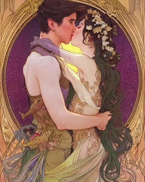 Image similar to the kiss | highly detailed | very intricate | art nouveau | gold filigree | romantic storybook fantasy | soft cinematic lighting | award - winning | disney concept art watercolor illustration by mandy jurgens and alphonse mucha and alena aenami | pastel color palette | featured on artstation