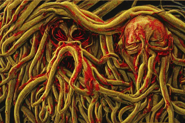 Image similar to scary intense grotesque disgusting filmic wide shot angle movie still 35mm film color photograph of a shape shifting horrific nightmarish abstract organism from The Thing 1982 with multiple limbs annd heads spewing toxic spined tentacles made out of flesh strangling a doctor in the style of a horror film