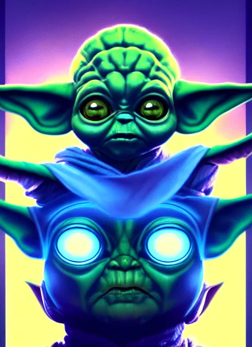 Prompt: symmetry!! portrait of baby yoda, sci - fi, tech wear, blue and yellow glowing lights!! intricate, elegant, highly detailed, digital painting, artstation, concept art, smooth, sharp focus, illustration, art by artgerm and greg rutkowski and alphonse mucha