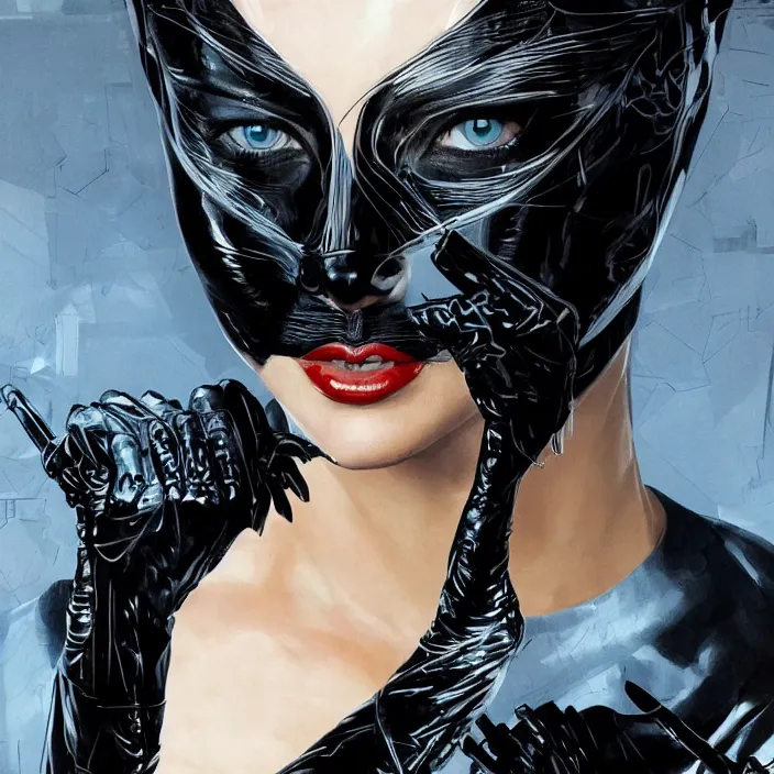 Image similar to portrait of charlize theron as a catwoman 1 9 8 9. intricate abstract. intricate artwork. by tooth wu, wlop, beeple, dan mumford. octane render, trending on artstation, greg rutkowski very coherent symmetrical artwork. cinematic, hyper realism, high detail, octane render, 8 k, iridescent accents