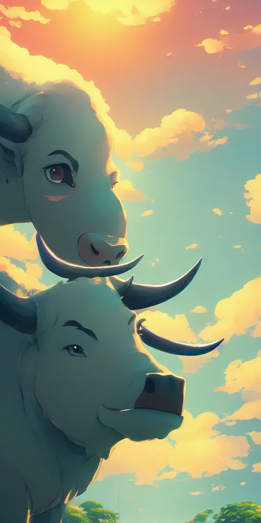 Prompt: a beautiful illustration of a cute bull, wide angle, by makoto shinkai, thomas kinkade, james gilleard, very detailed, deviantart, 4 k vertical wallpaper, tropical, colorful, airy, anime illustration, anime nature wallpap