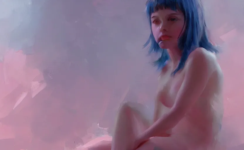 Image similar to a painting of little alice trending on artstation in the style of greg rutkowski, beautiful, female, sensual, natural skin, soft lighting, curvy build, natural sensuality, pink, blue, transgender