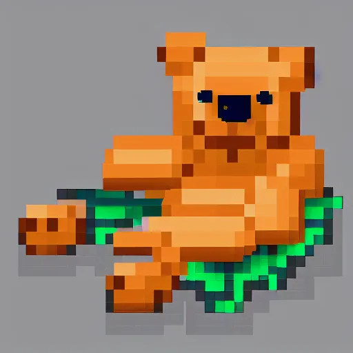 Image similar to a pixel art Teddy bear lounging on the beach