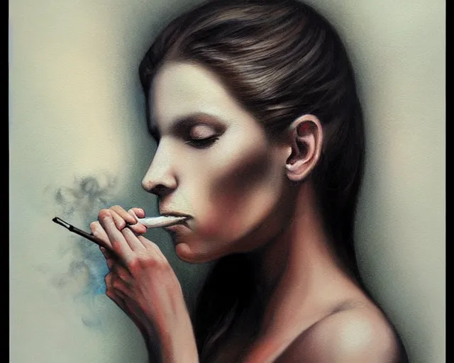 Prompt: a painting of a woman smoking a cigarette, an airbrush painting by marco mazzoni, featured on cgsociety, pop surrealism, airbrush art, smokey background, made of mist