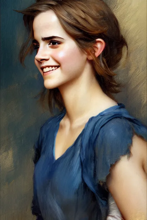 Image similar to emma watson smiling gathered faille v - neck detailed portrait painting by gaston bussiere craig mullins j. c. leyendecker photograph photorealsitic octane render