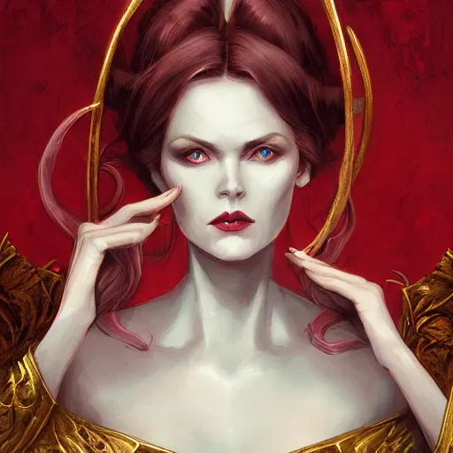 Image similar to a detailed matte head - on portrait painting of an middle - aged tiefling elegant and distinguished noblewoman with golden eyes and short long flowing red hair, by charlie bowater, lise deharme, wlop, tending on arstation, dungeons and dragon, dnd, pathfinder, fanart, oil on canvas