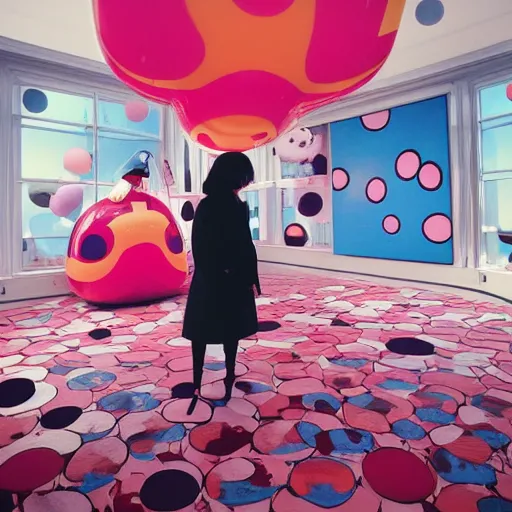 Prompt: yayoi kusama locked in an infiniti room cosplay jeff koons ballon dog, nendroid, art by wgreg rutkowski. during golden hour. extremely reflective.