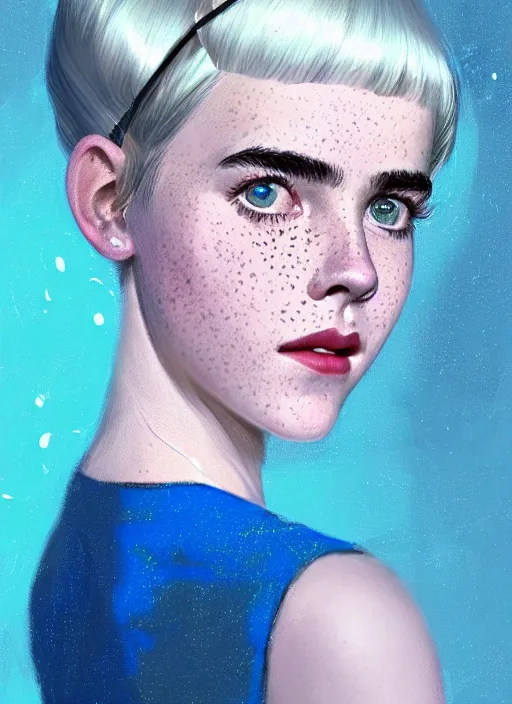 Image similar to portrait of kiernan shipka with freckles, white hair, big 1 9 6 0 s bob hairstyle with bangs and hairband, blue 1 9 6 0 s dress, intricate, elegant, glowing lights, highly detailed, digital painting, artstation, concept art, smooth, sharp focus, illustration, art by wlop, mars ravelo and greg rutkowski